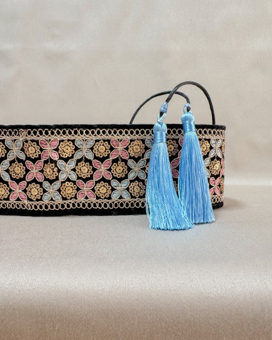 Bohemiam black velvet belt with embroidery and tassels