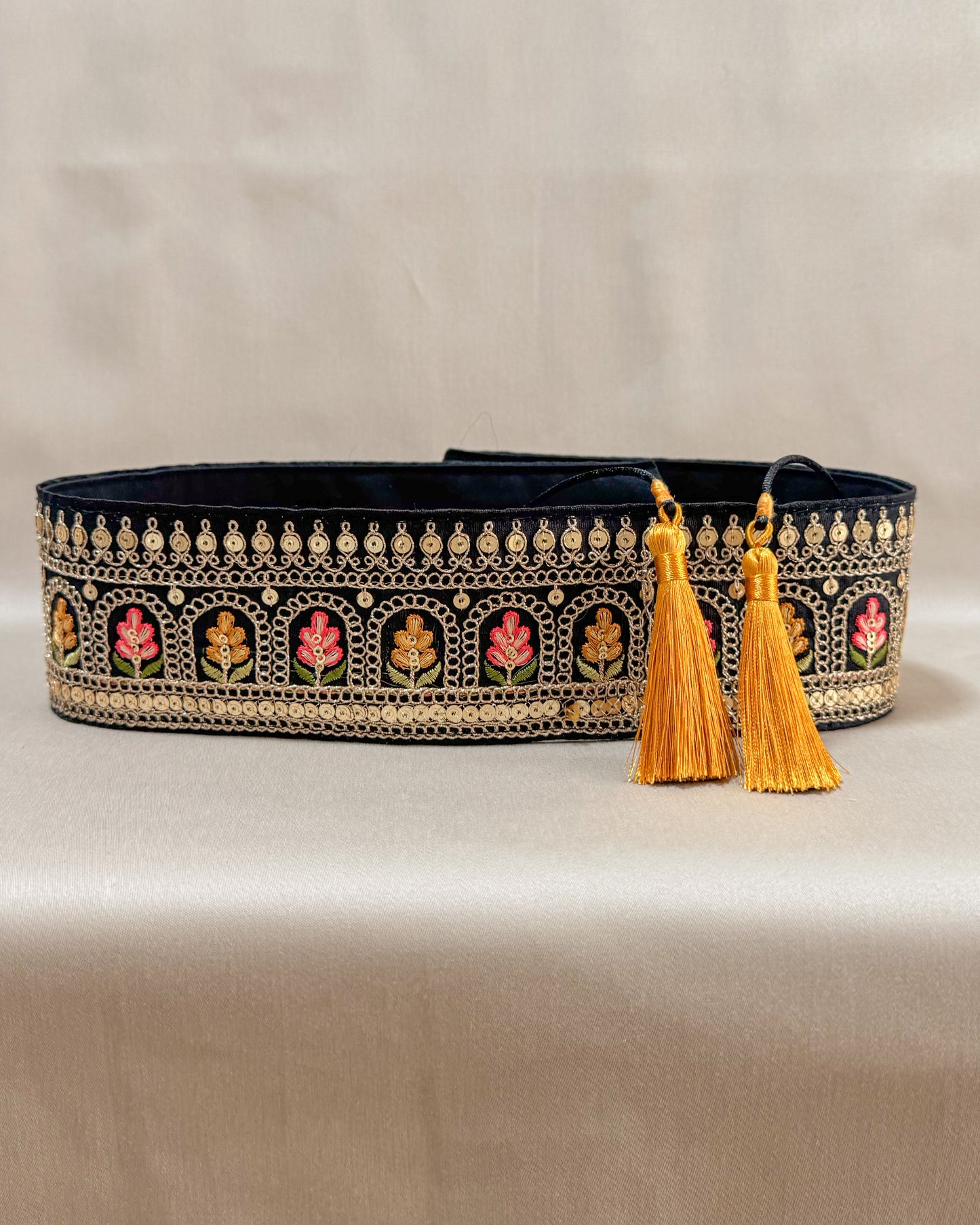 Bohemian black belt with embroidered flowers and tassels
