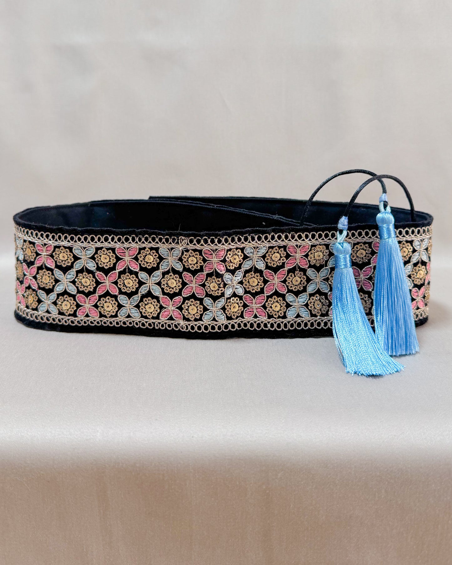 Bohemiam black velvet belt with embroidery and tassels