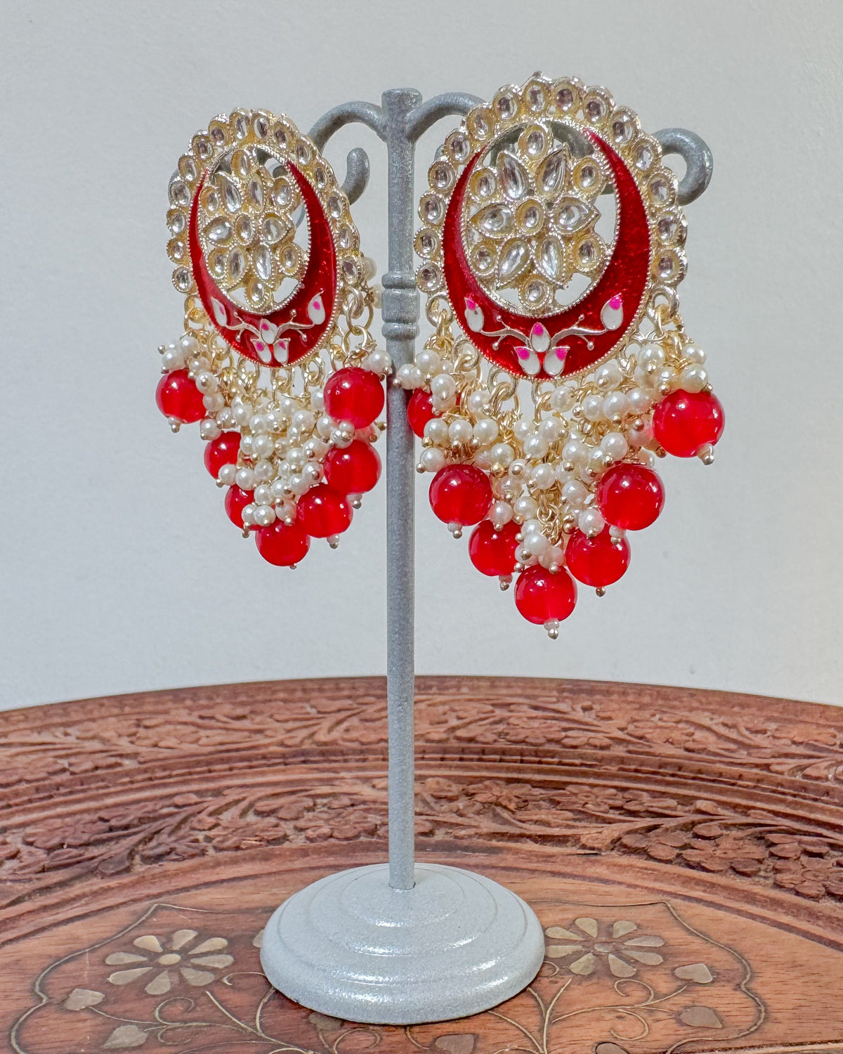 Big Golden Bohemian Earrings with Hand-Painted Floral Detail