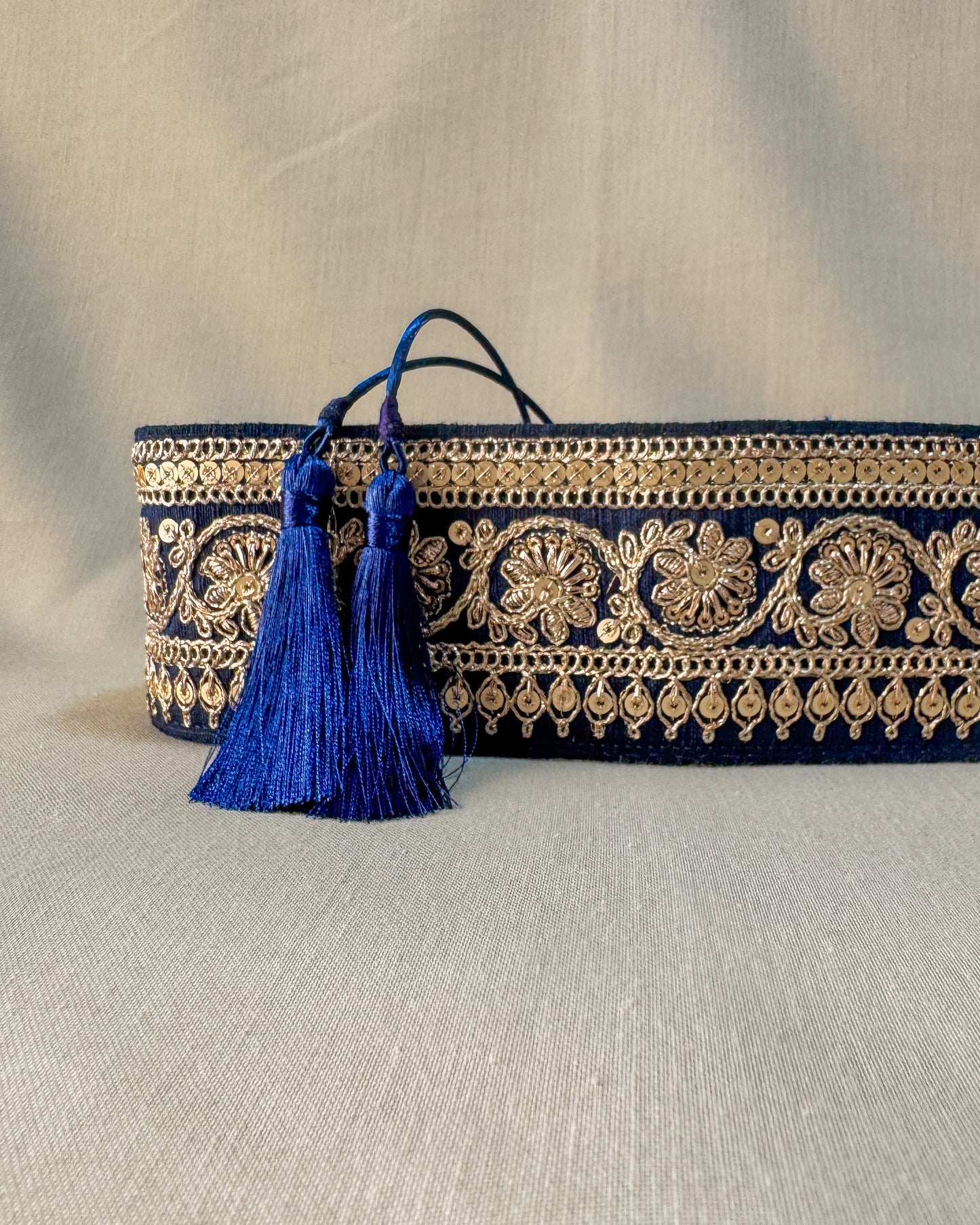 Dark blue bohemian embroidered obi belt with tassels