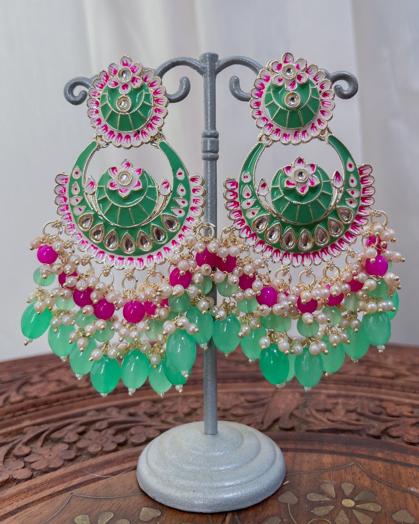 Statement bohemian earrings l Green and pink