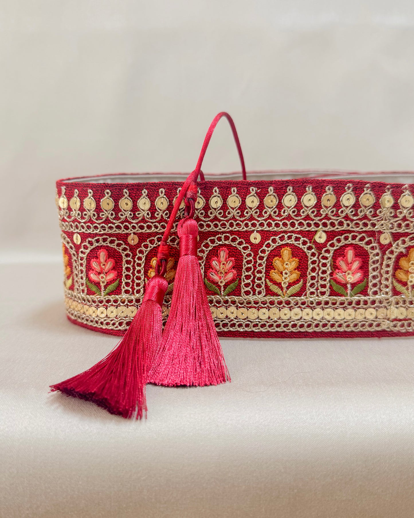 Red bohemian embroidered obi belt with tassels