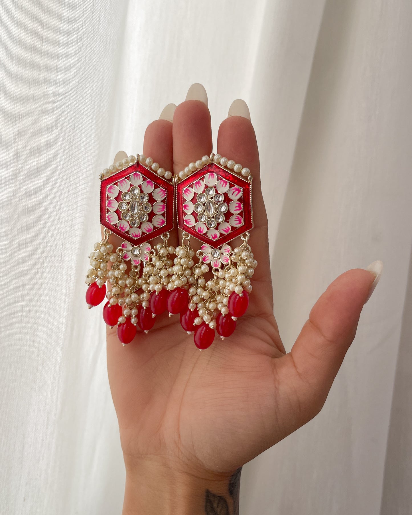 Big Golden Bohemian Earrings with Hand-Painted Floral Detail