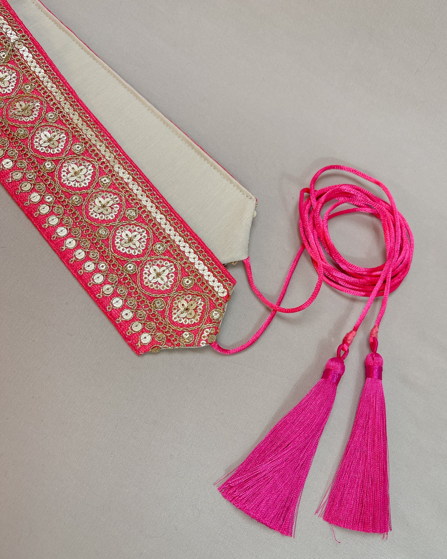 Pink bohemian embroidered obi belt with tassels