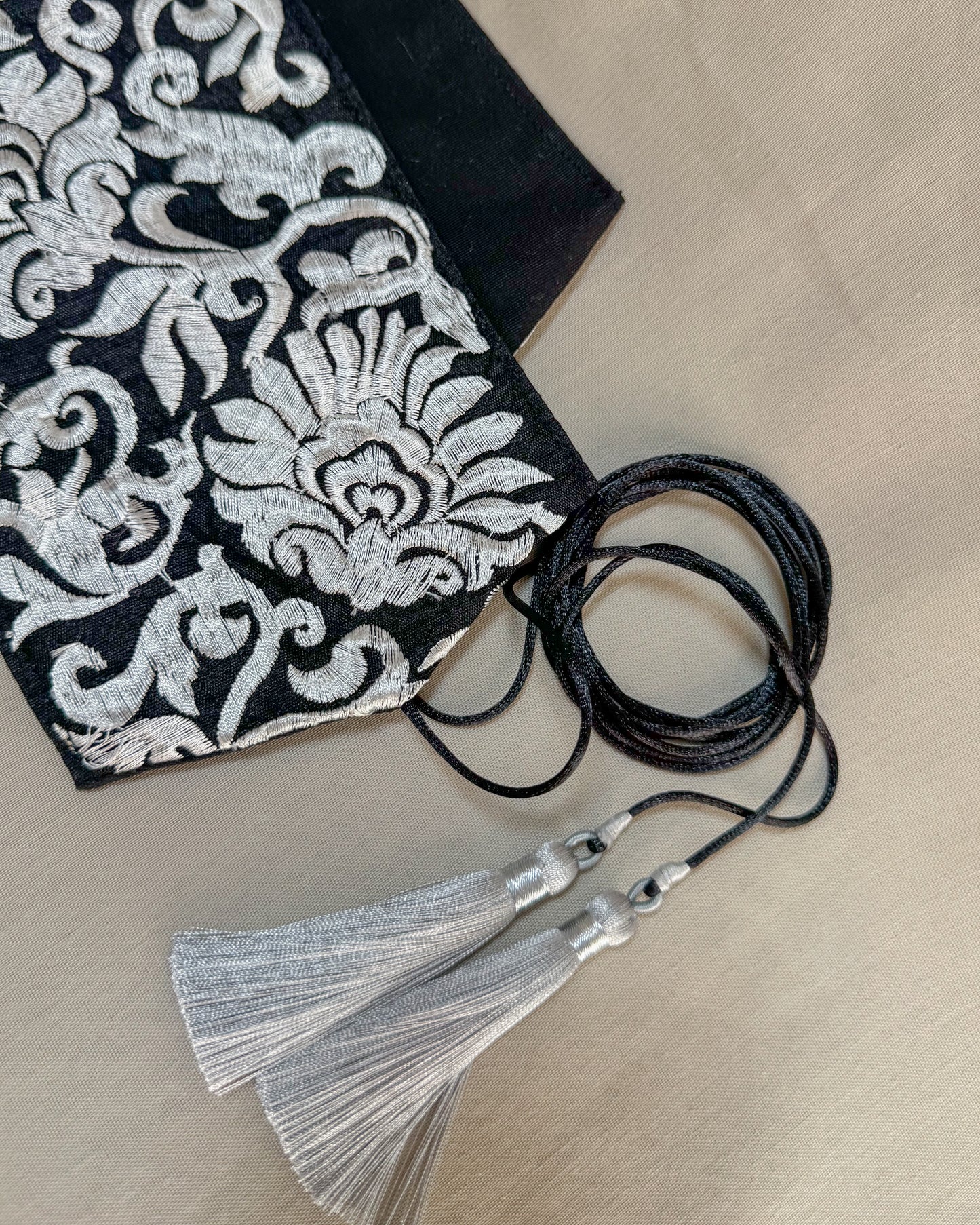 Black wide bohemian embroidered obi belt with tassels