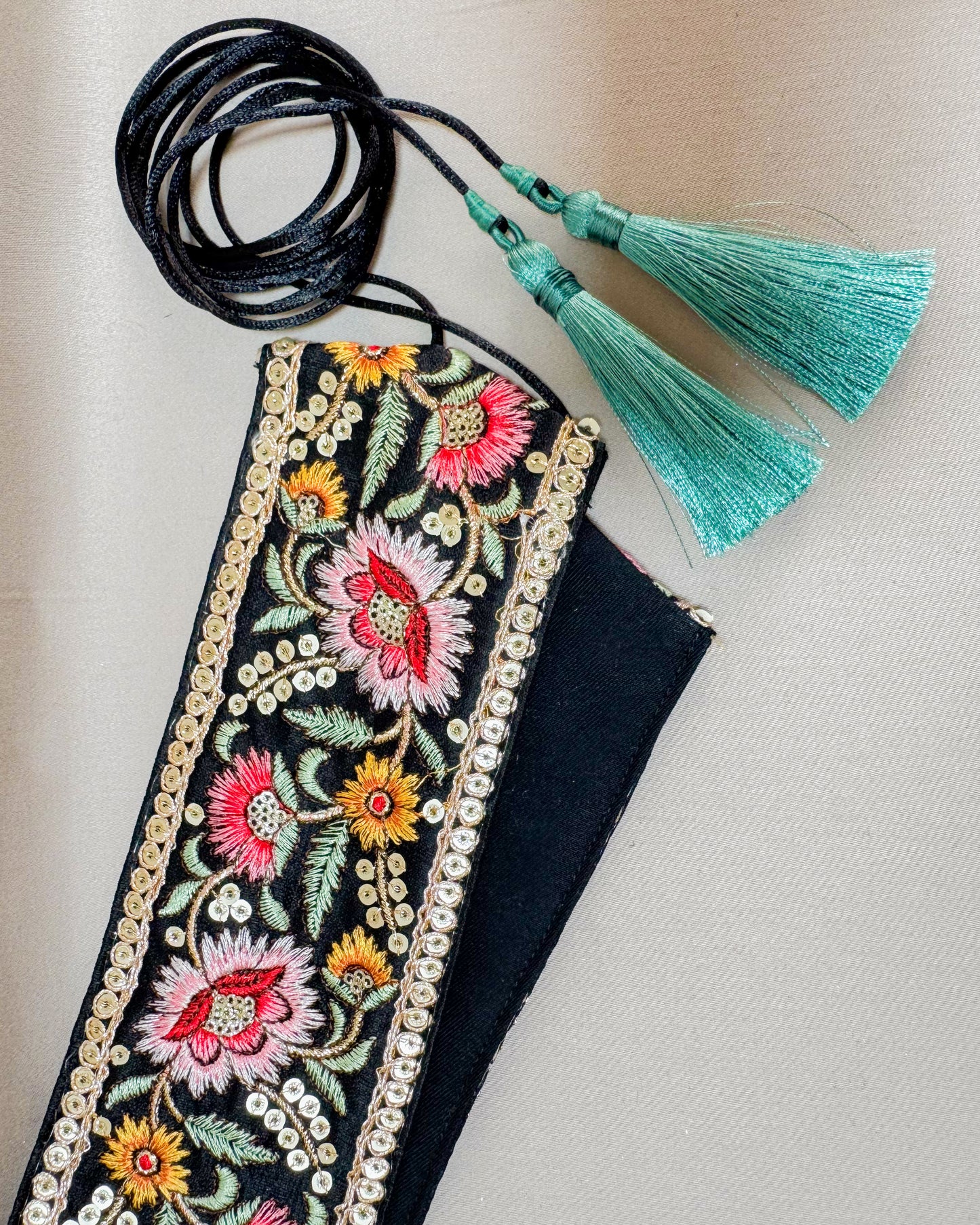 Bohemiam black belt with embroidered flowers and tassels