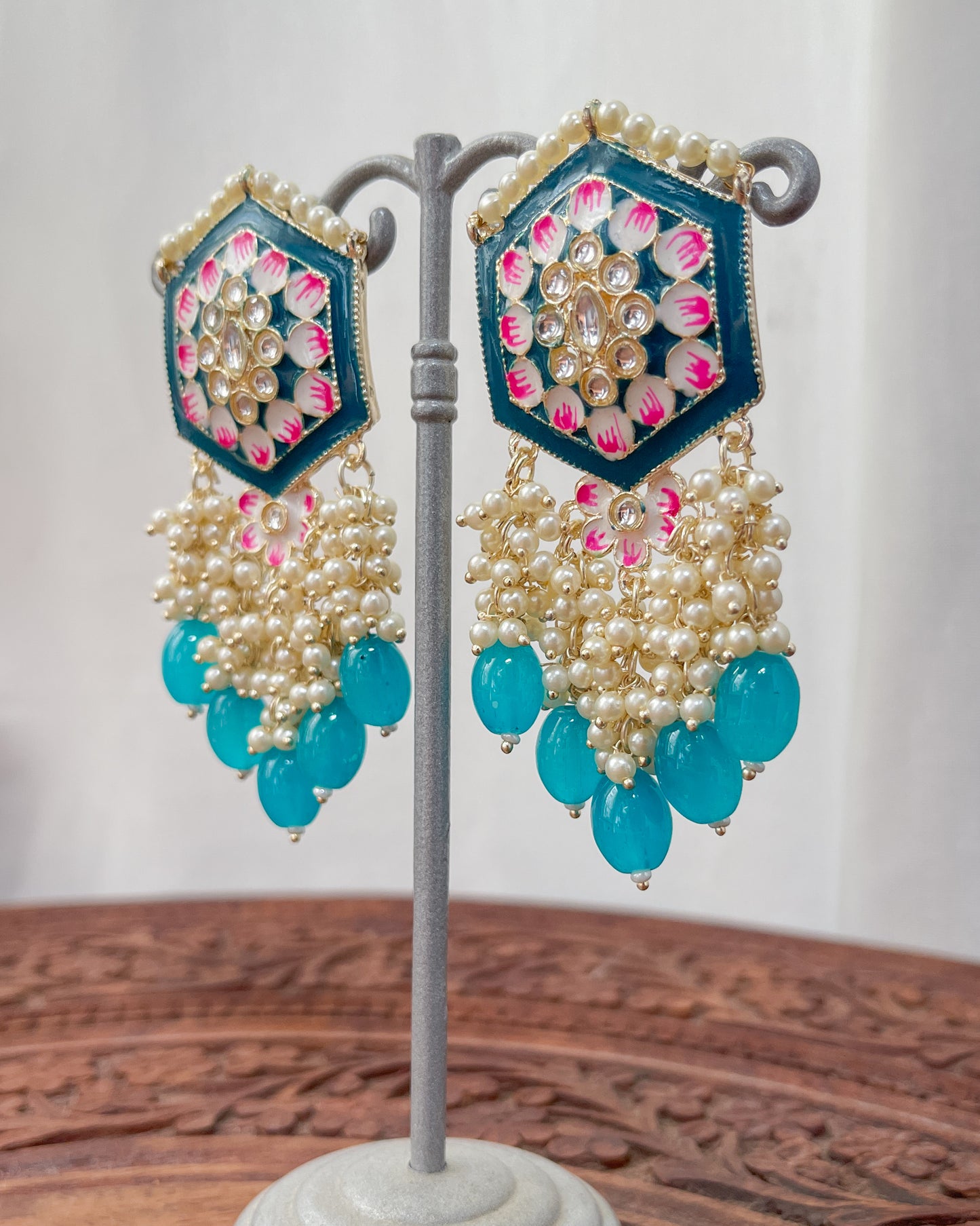 Big Golden Bohemian Earrings with Hand-Painted Floral Detail