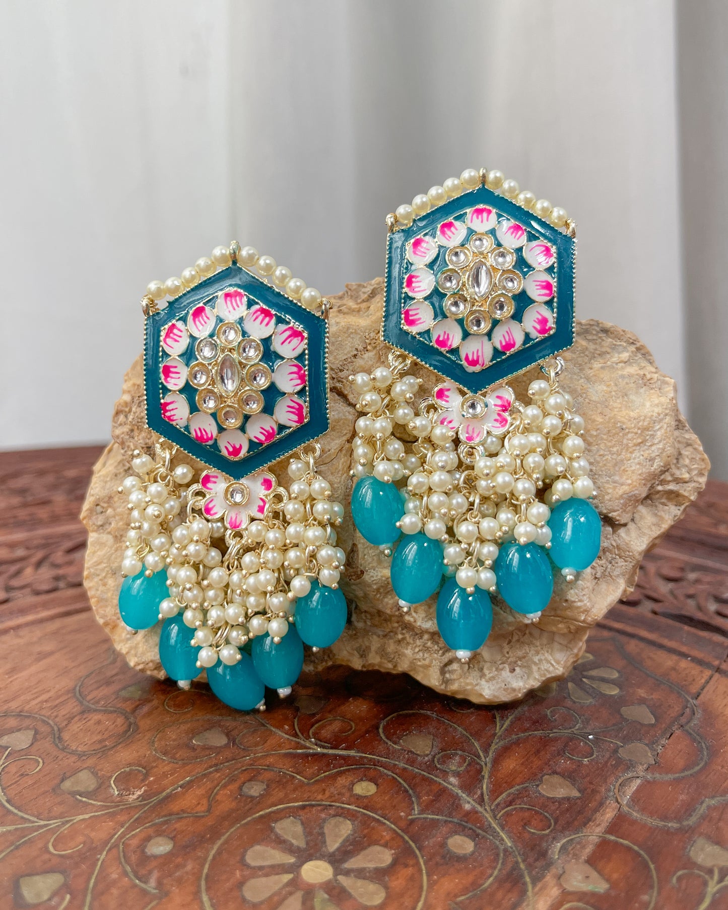 Big Golden Bohemian Earrings with Hand-Painted Floral Detail