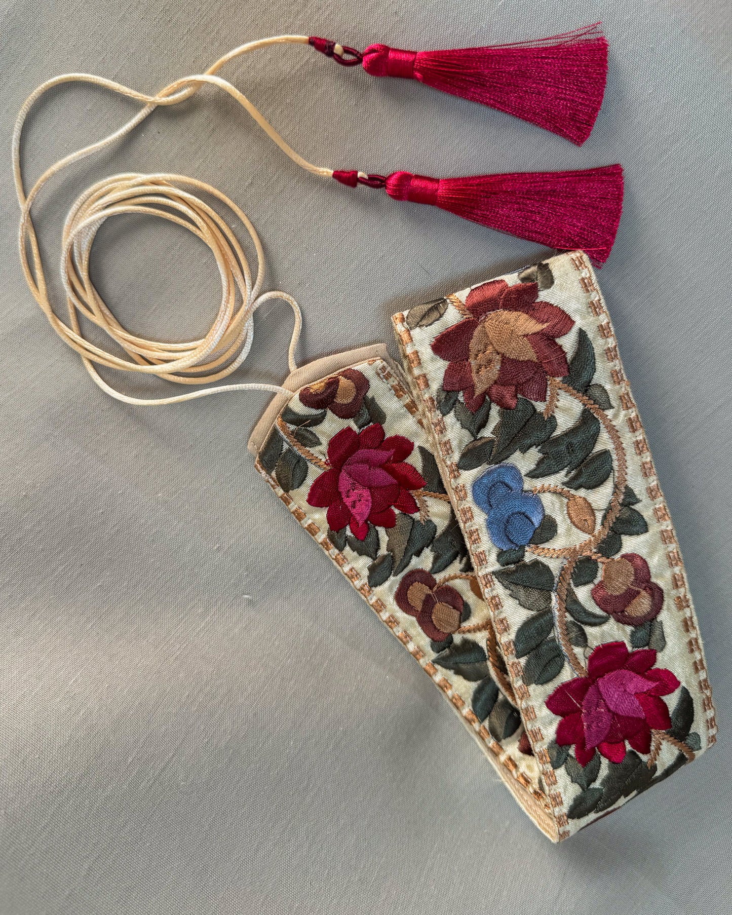 Beige bohemian embroidered obi belt with tassels