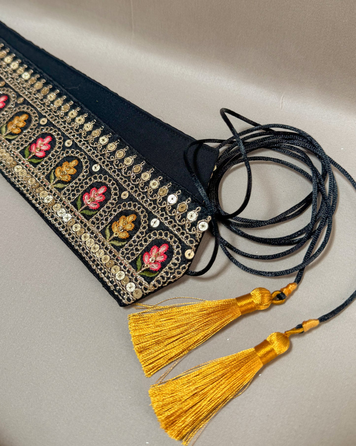 Bohemian black belt with embroidered flowers and tassels