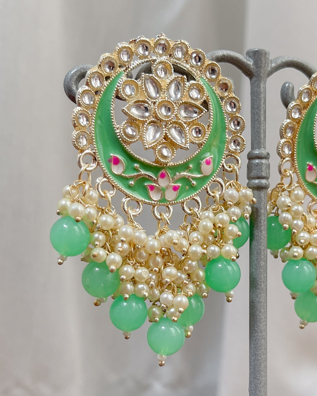 Big Golden Bohemian Earrings with Hand-Painted Floral Detail