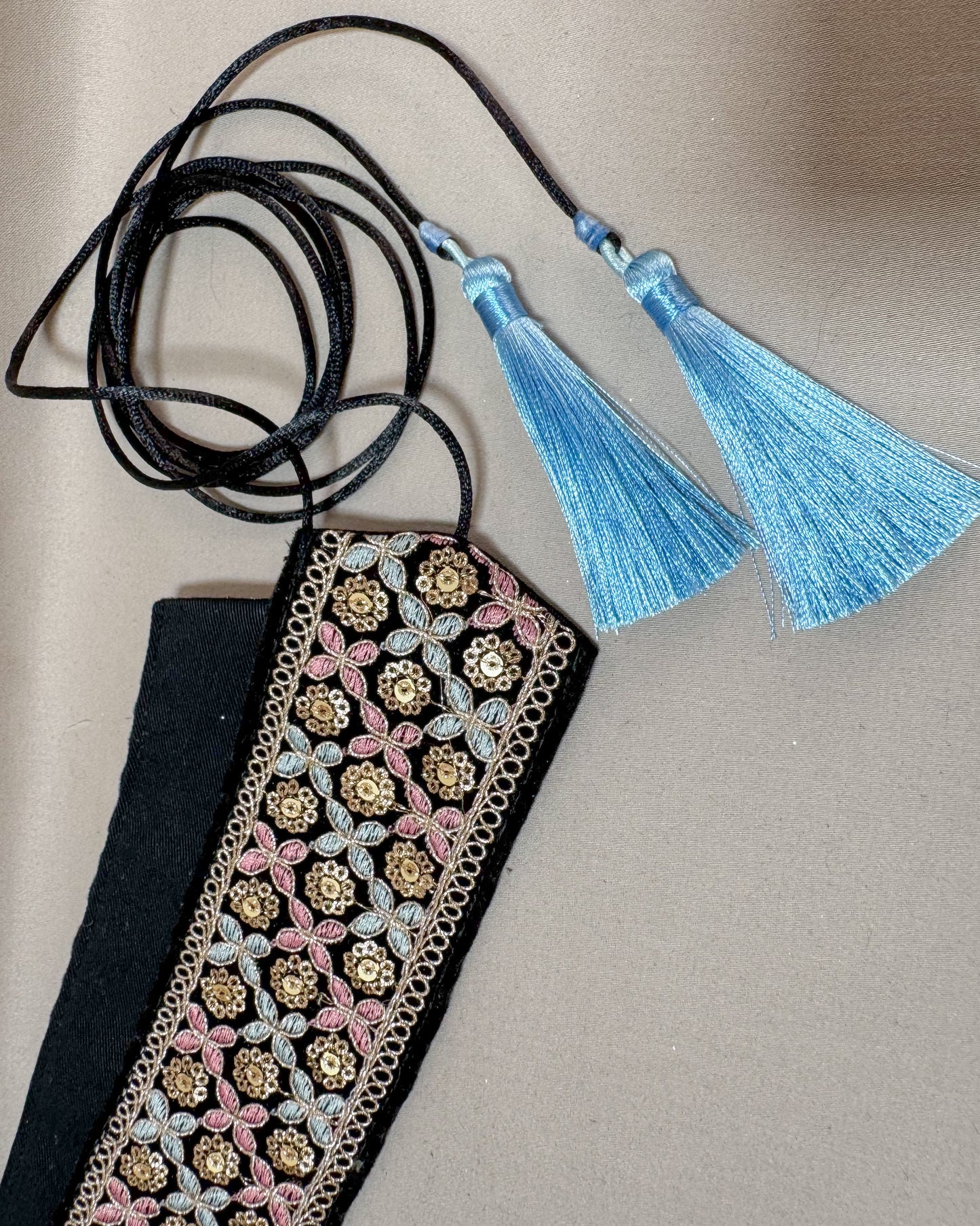Bohemiam black velvet belt with embroidery and tassels