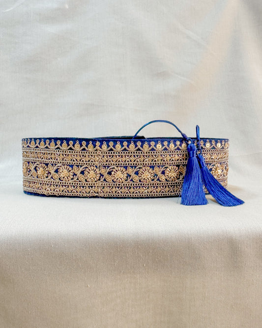 Dark blue bohemian embroidered obi belt with tassels