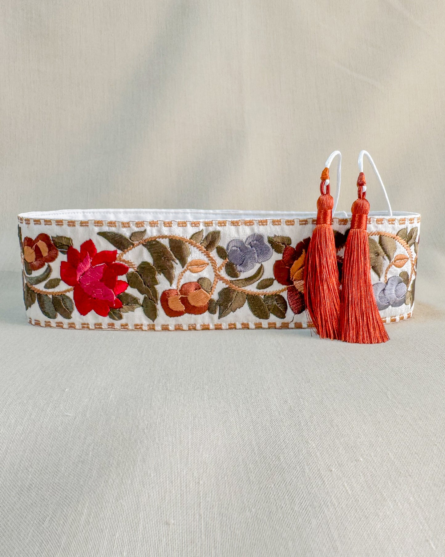 Off white bohemian embroidered obi belt with tassels
