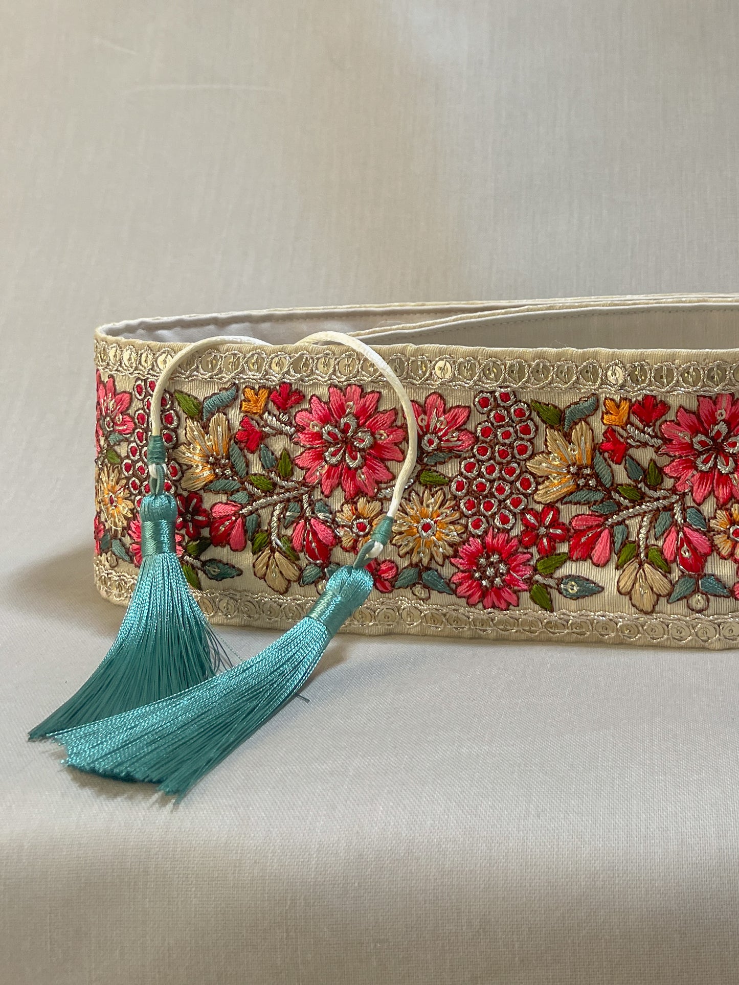 Bohemian embroidered obi belt with tassels
