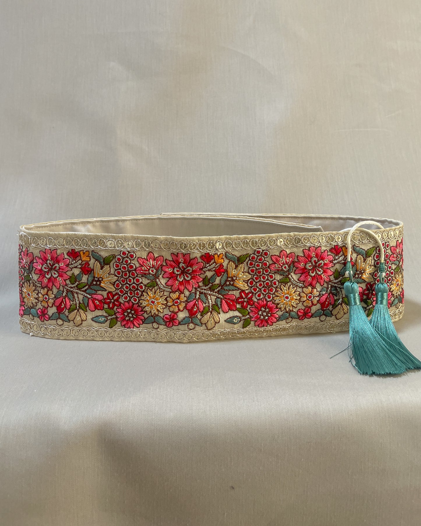 Bohemian embroidered obi belt with tassels