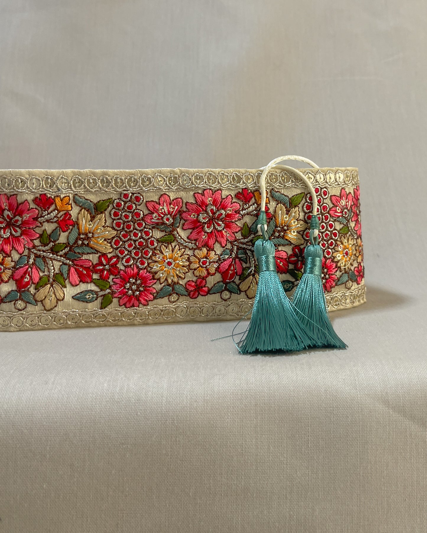 Bohemian embroidered obi belt with tassels