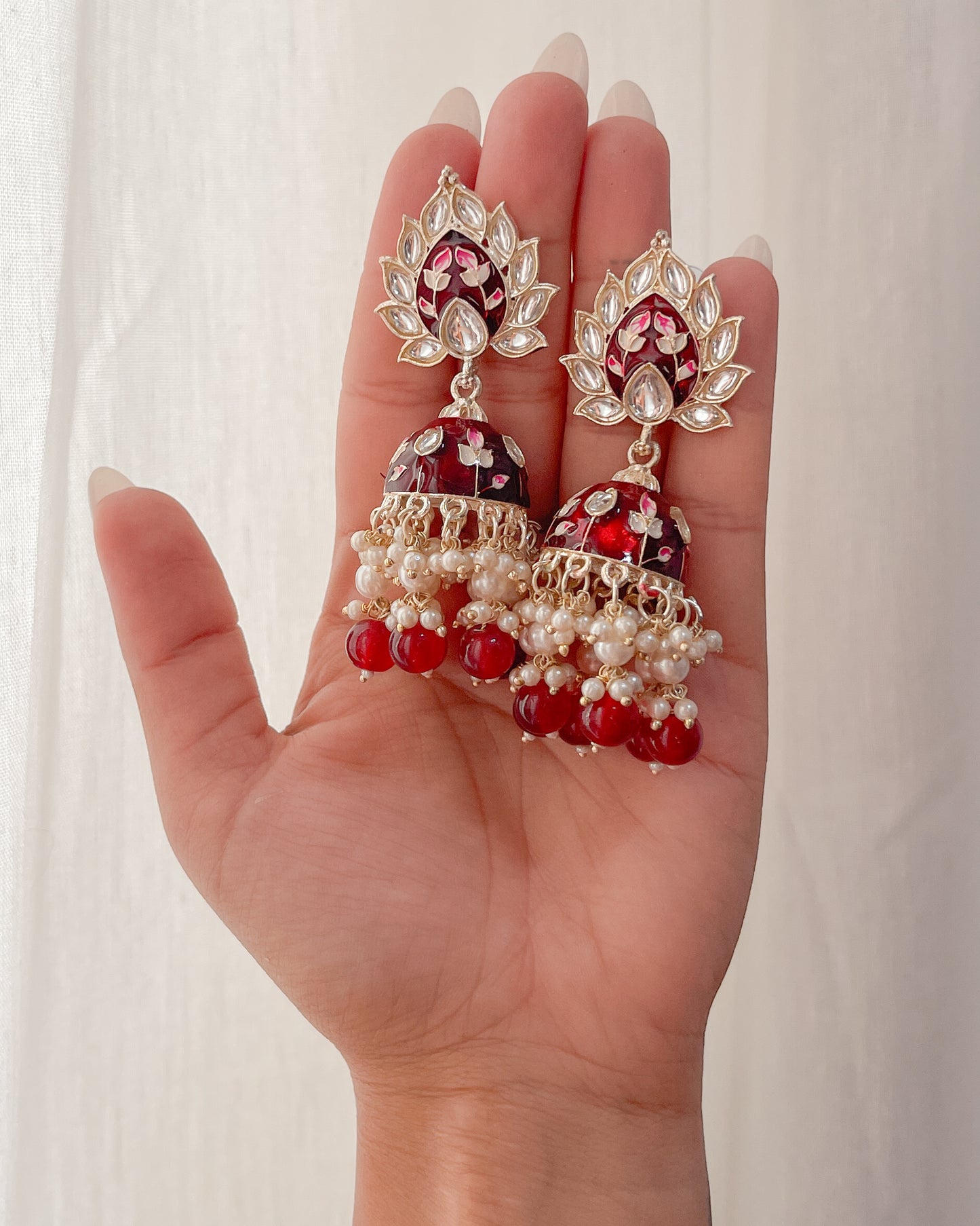 Big Golden Bohemian Earrings with Hand-Painted Floral Detail - Red flames