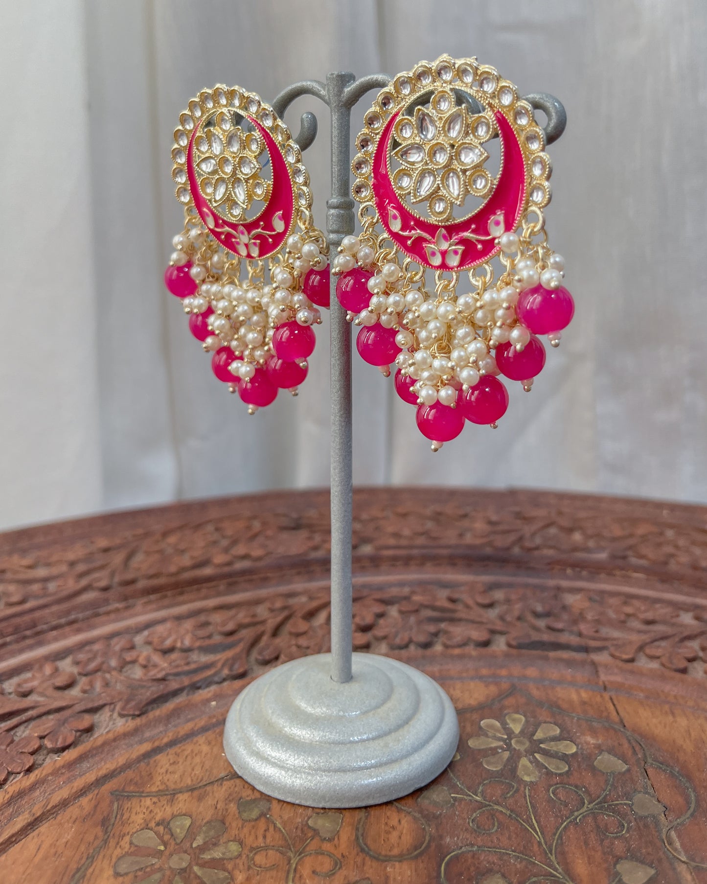Big Golden Bohemian Earrings with Hand-Painted Floral Detail