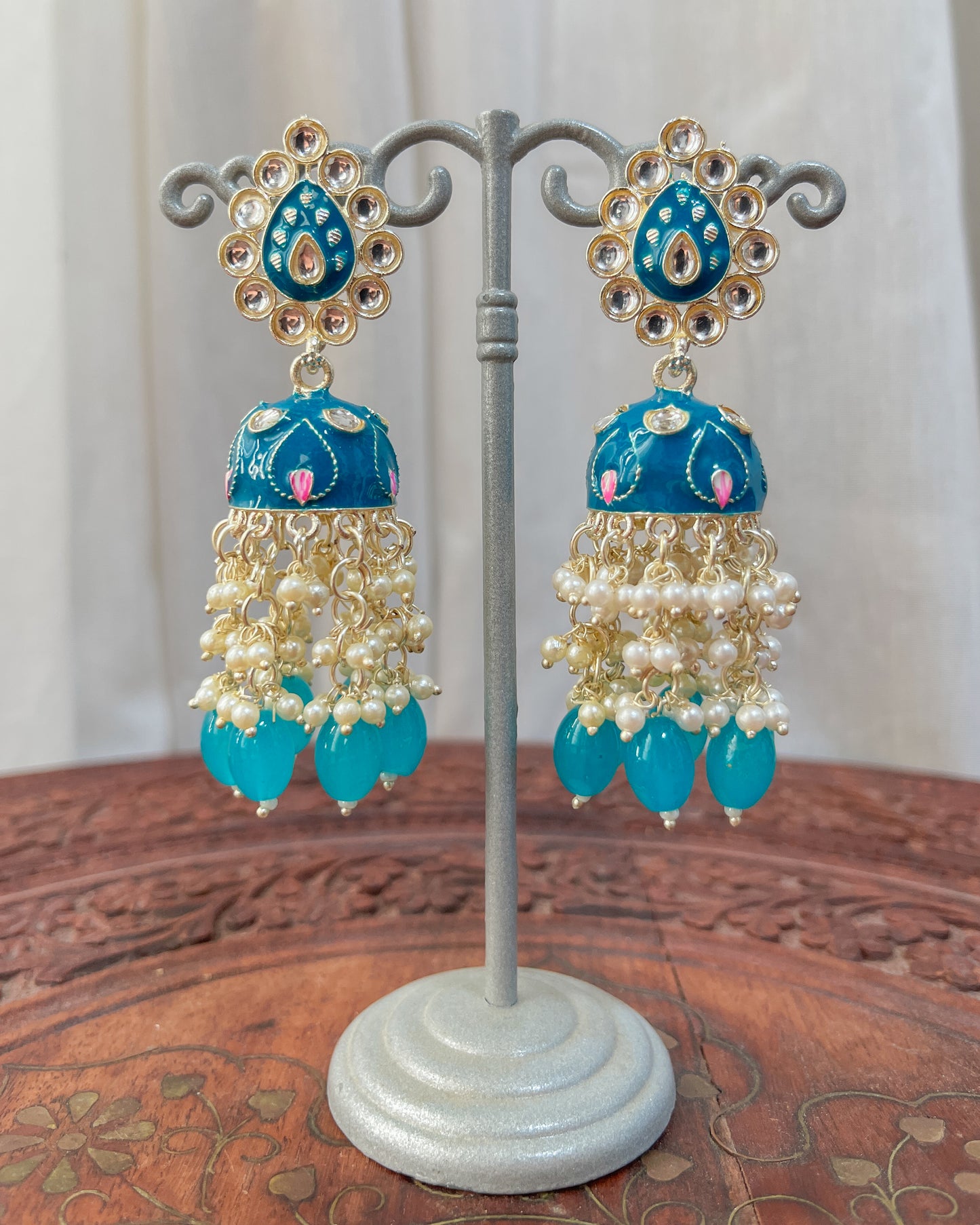 Big Golden Bohemian Earrings with Hand-Painted Floral Detail - Blue flower