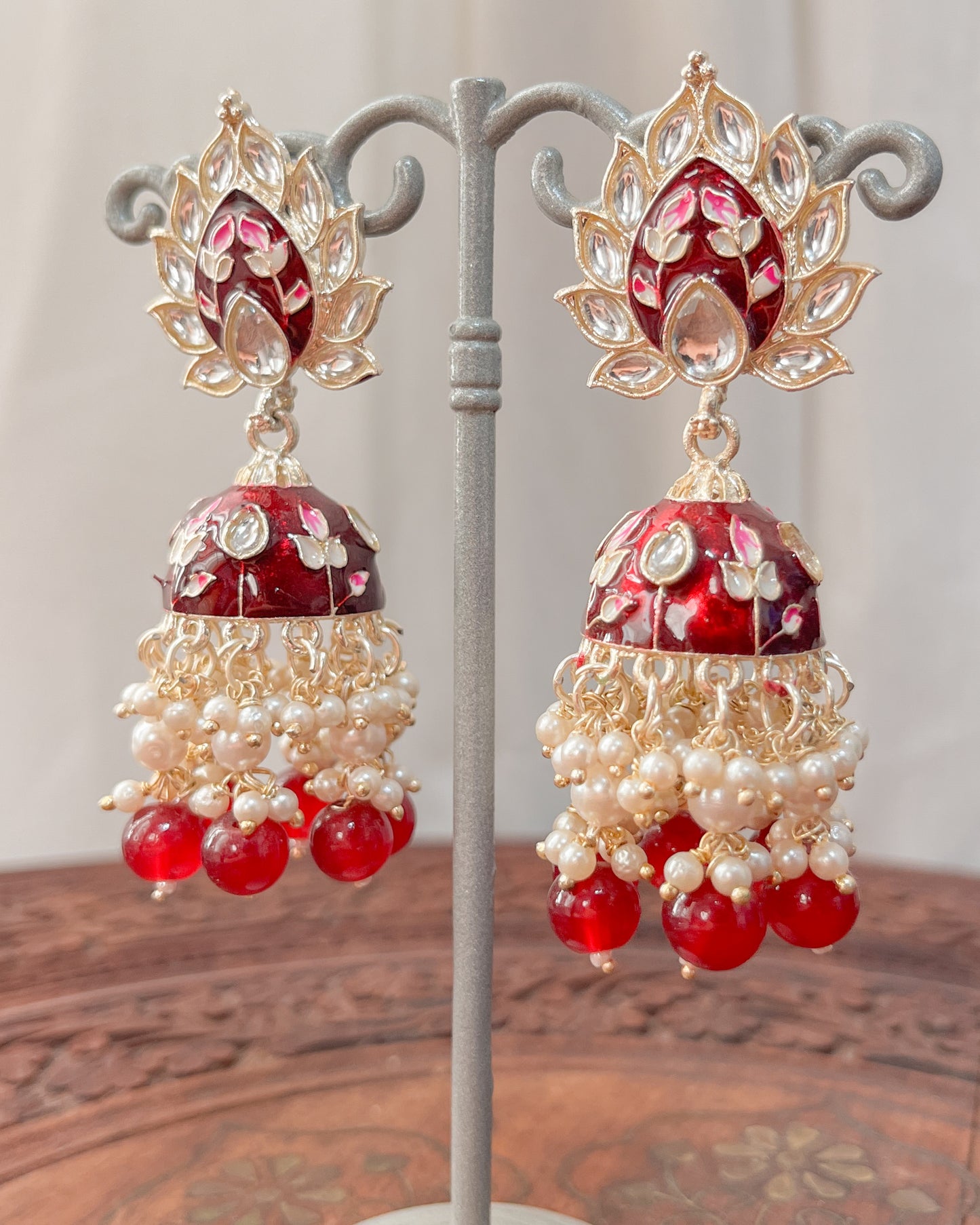 Big Golden Bohemian Earrings with Hand-Painted Floral Detail - Red flames