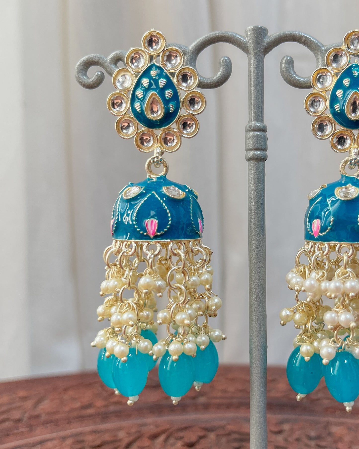 Big Golden Bohemian Earrings with Hand-Painted Floral Detail - Blue flower