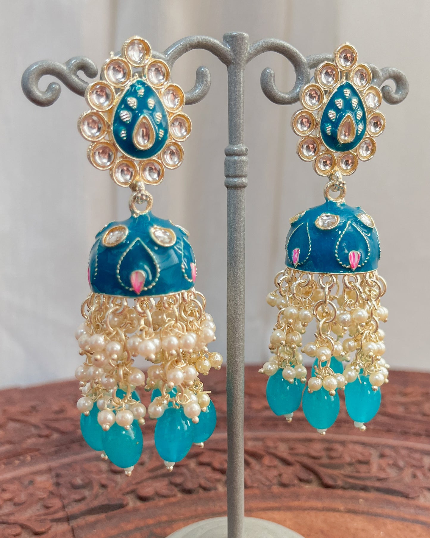 Big Golden Bohemian Earrings with Hand-Painted Floral Detail - Blue flower