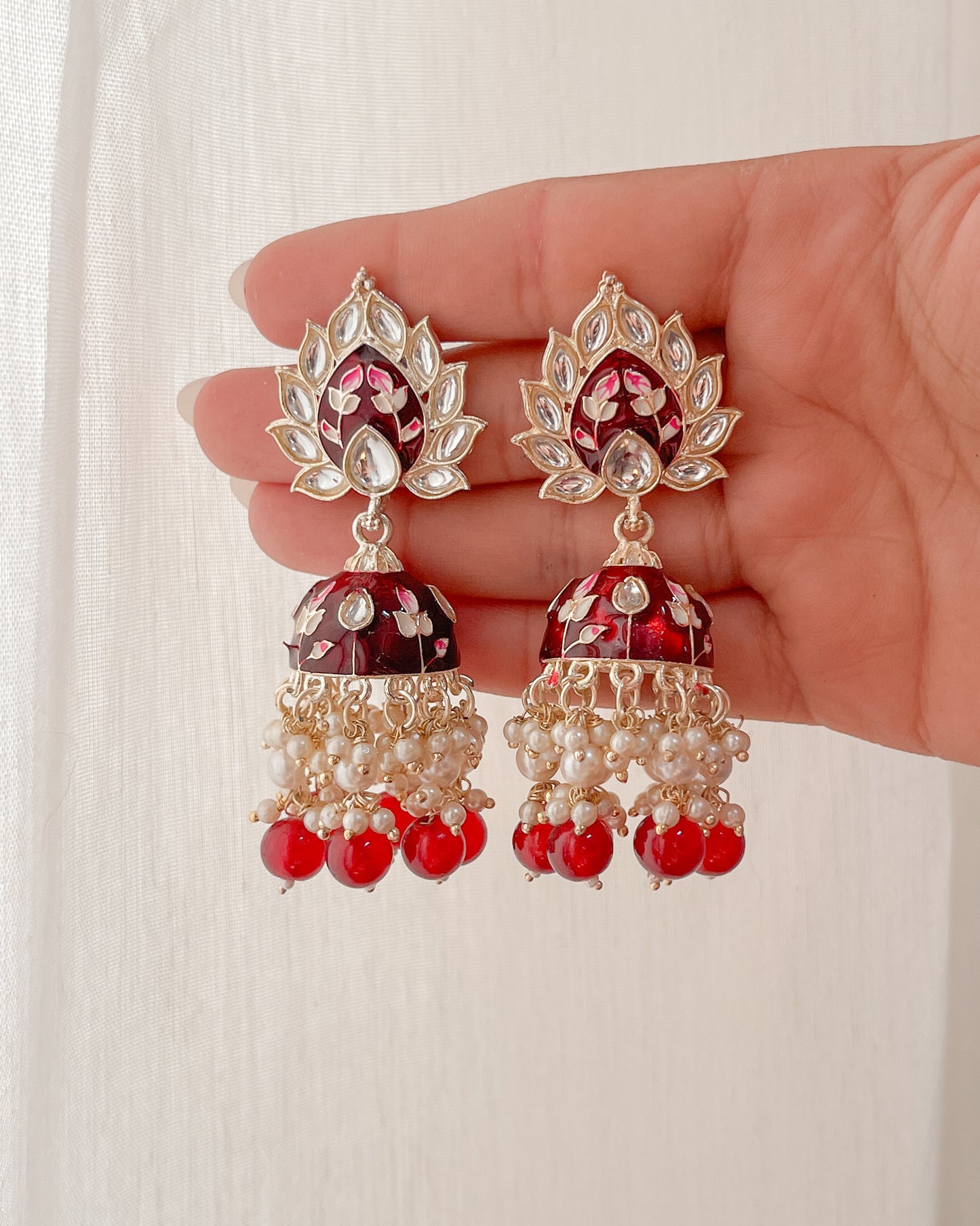 Big Golden Bohemian Earrings with Hand-Painted Floral Detail - Red flames
