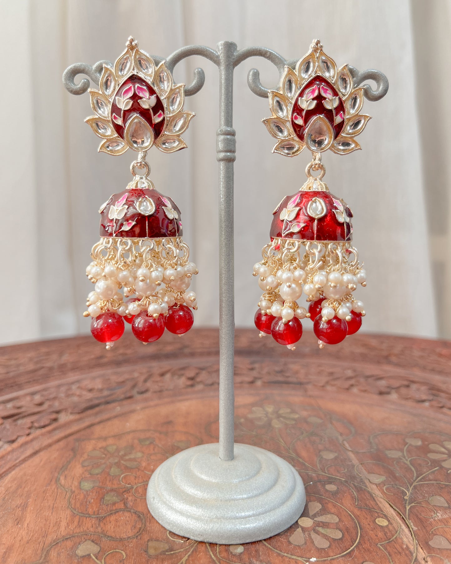 Big Golden Bohemian Earrings with Hand-Painted Floral Detail - Red flames