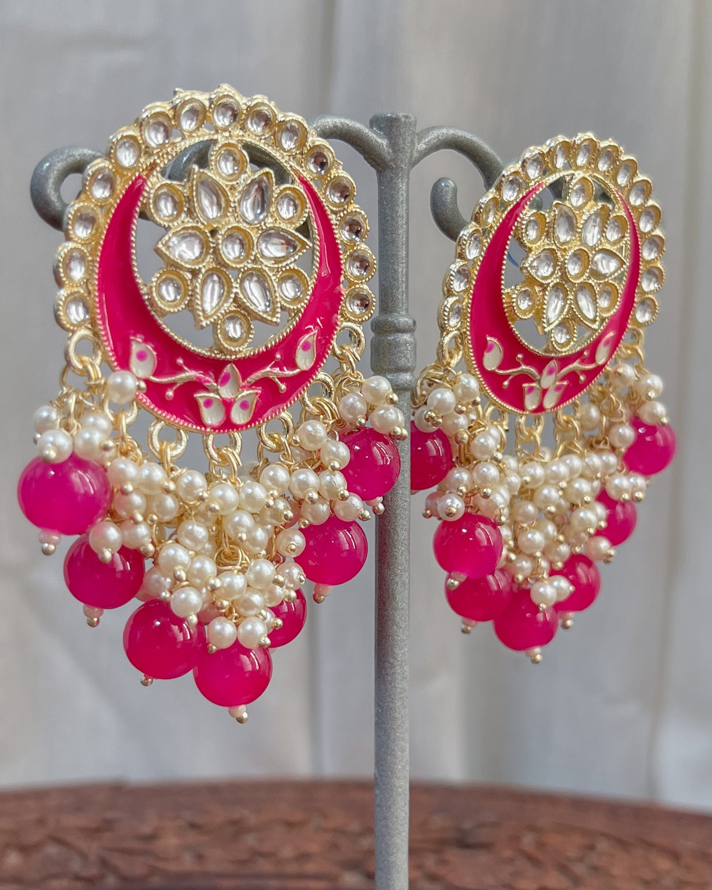 Big Golden Bohemian Earrings with Hand-Painted Floral Detail