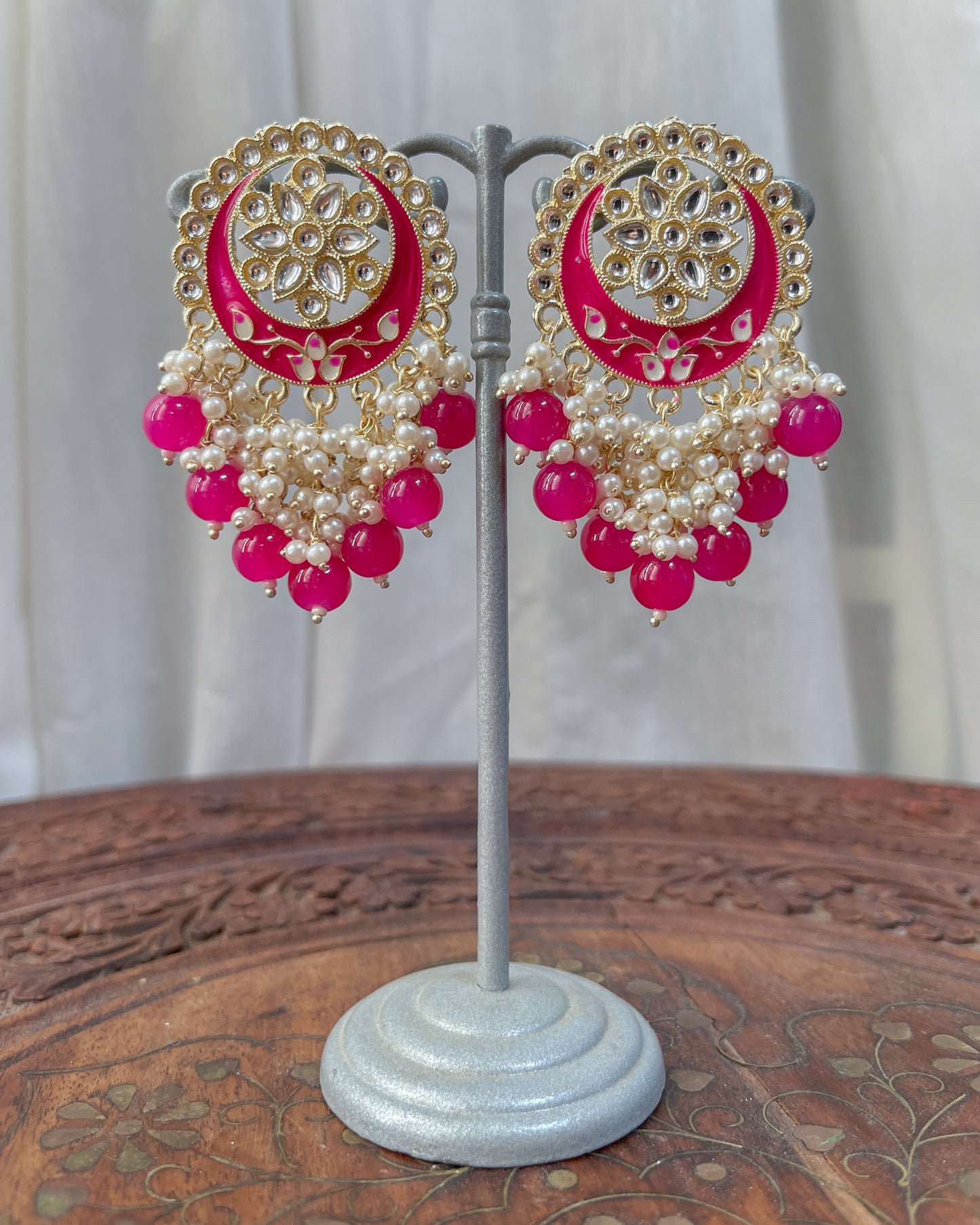 Big Golden Bohemian Earrings with Hand-Painted Floral Detail