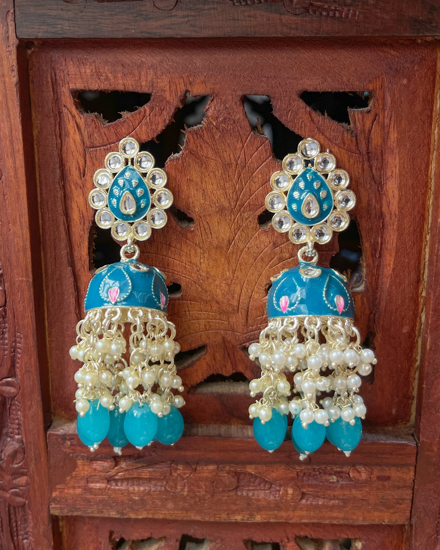 Big Golden Bohemian Earrings with Hand-Painted Floral Detail - Blue flower