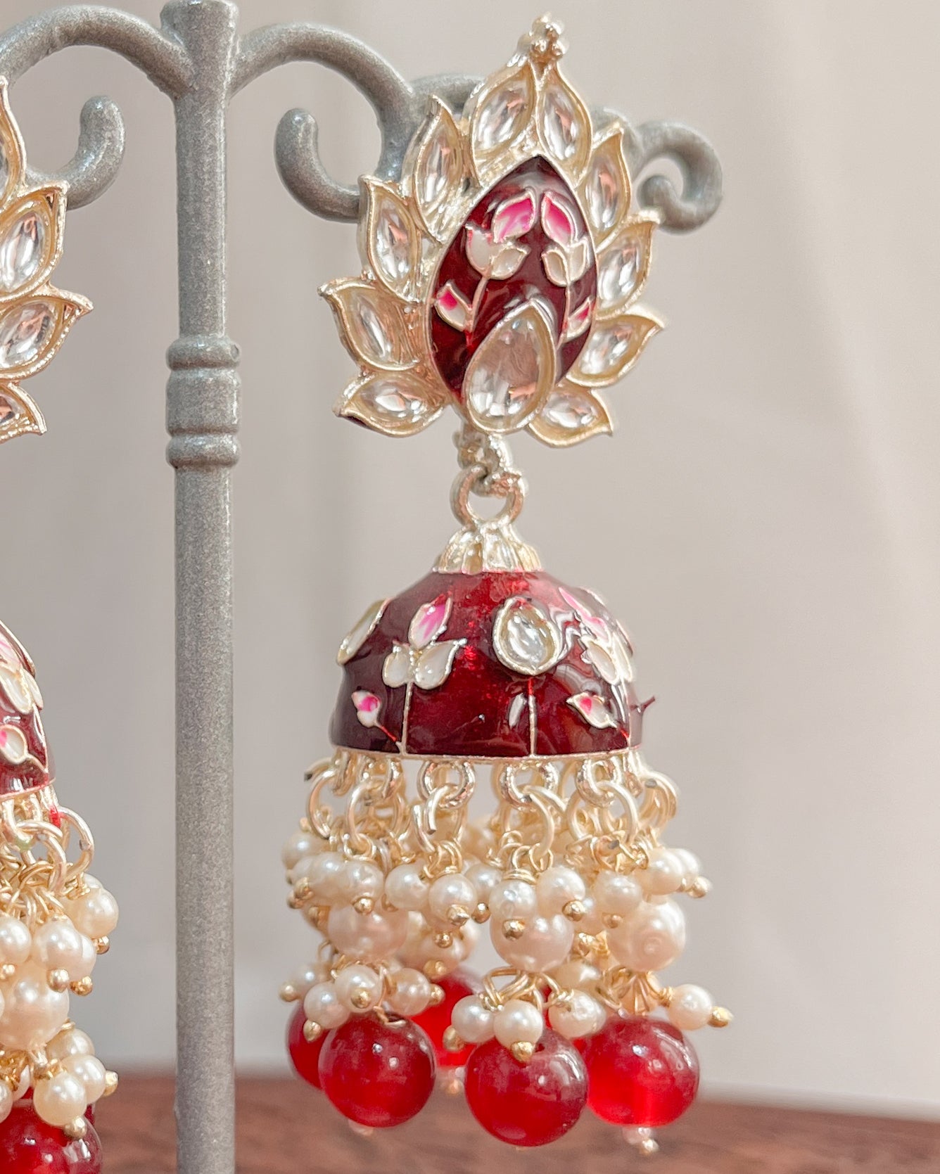 Big Golden Bohemian Earrings with Hand-Painted Floral Detail - Red flames
