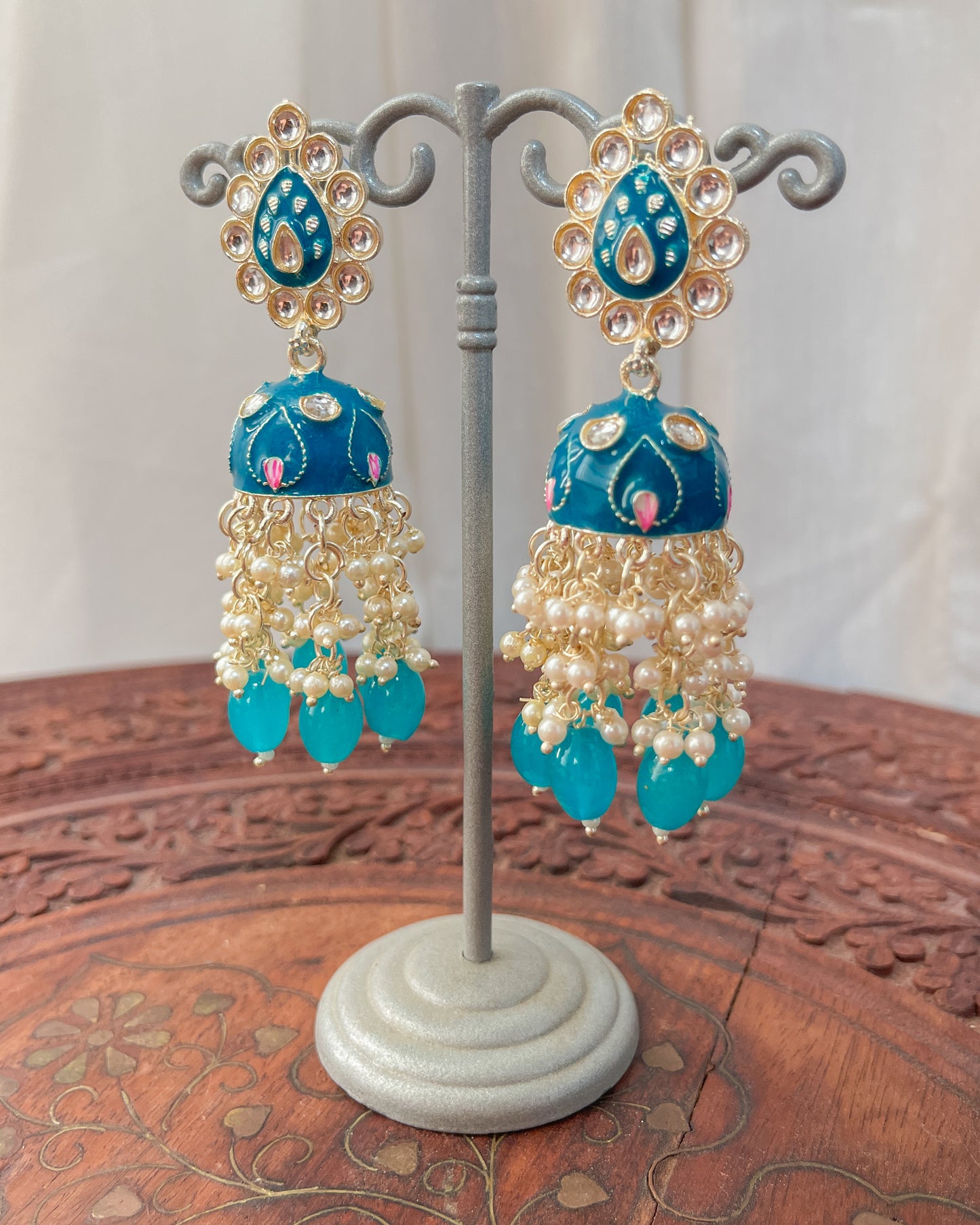 Big Golden Bohemian Earrings with Hand-Painted Floral Detail - Blue flower