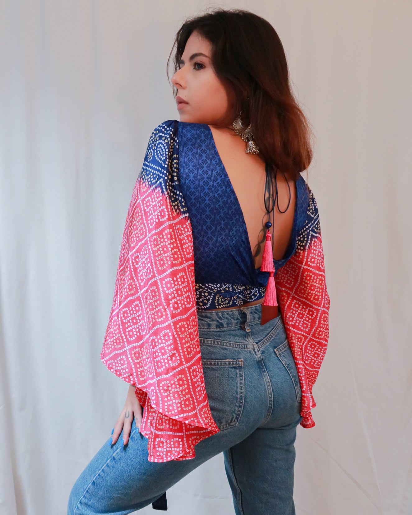 Bandhani Wrap Top – Hot Pink & Deep Blue Saree Edition