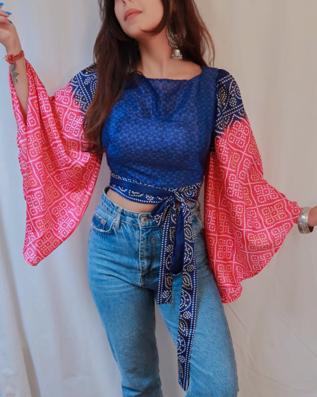 Bandhani Wrap Top – Hot Pink & Deep Blue Saree Edition