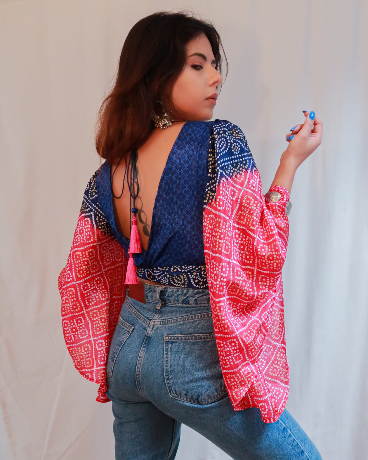 Bandhani Wrap Top – Hot Pink & Deep Blue Saree Edition
