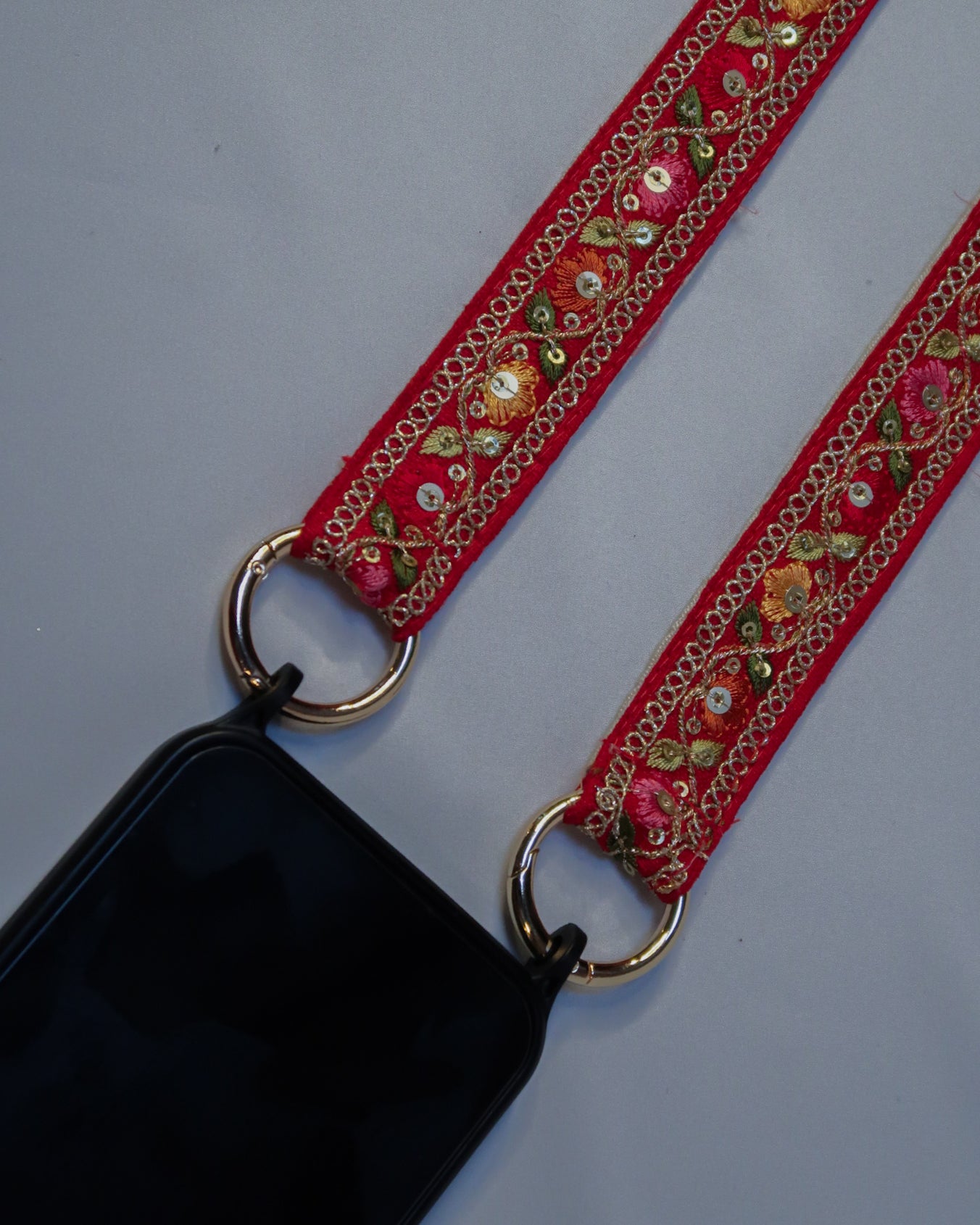 Embroidered strap for phone, bag or camera - red