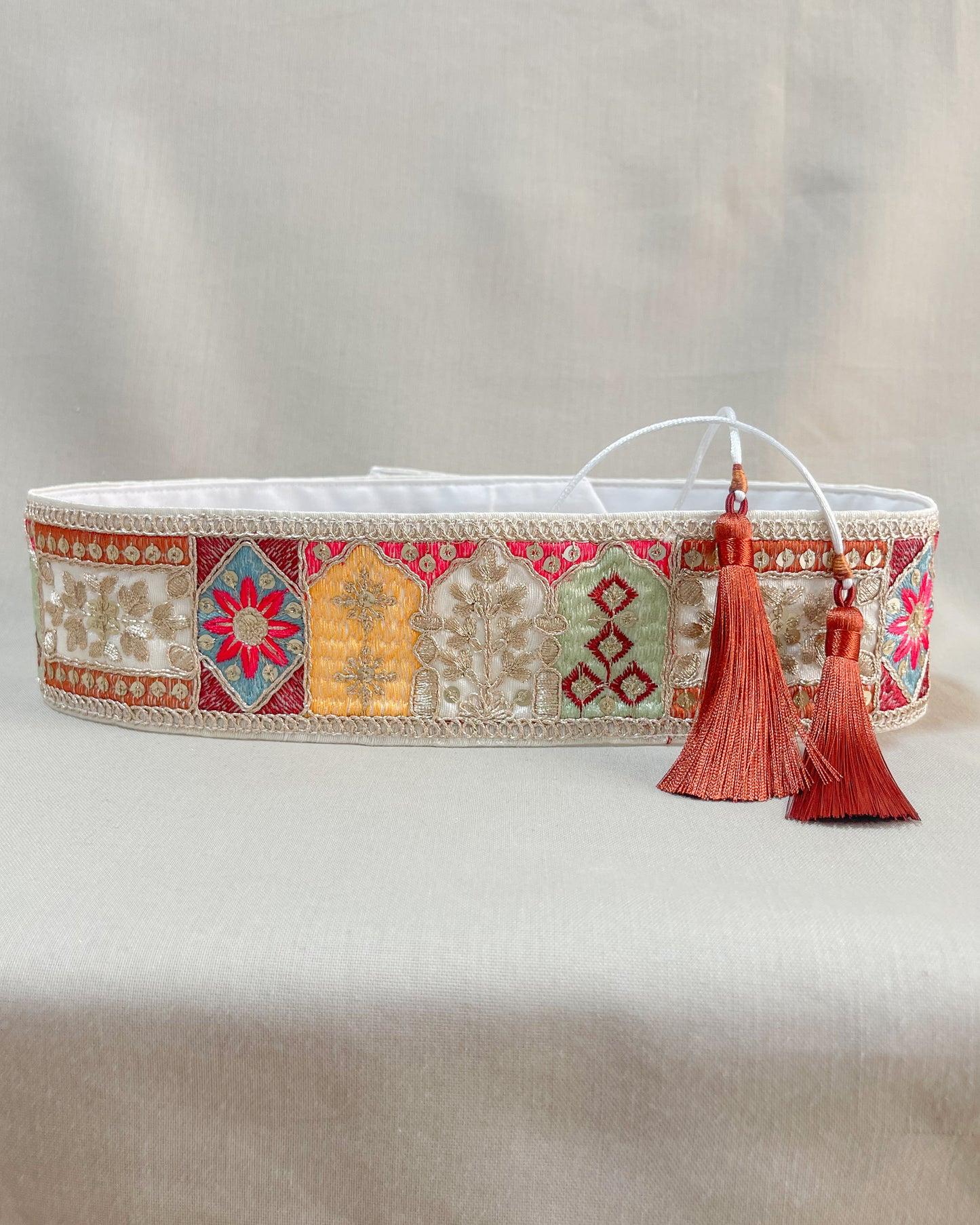 Bohemian embroidered obi belt with tassels