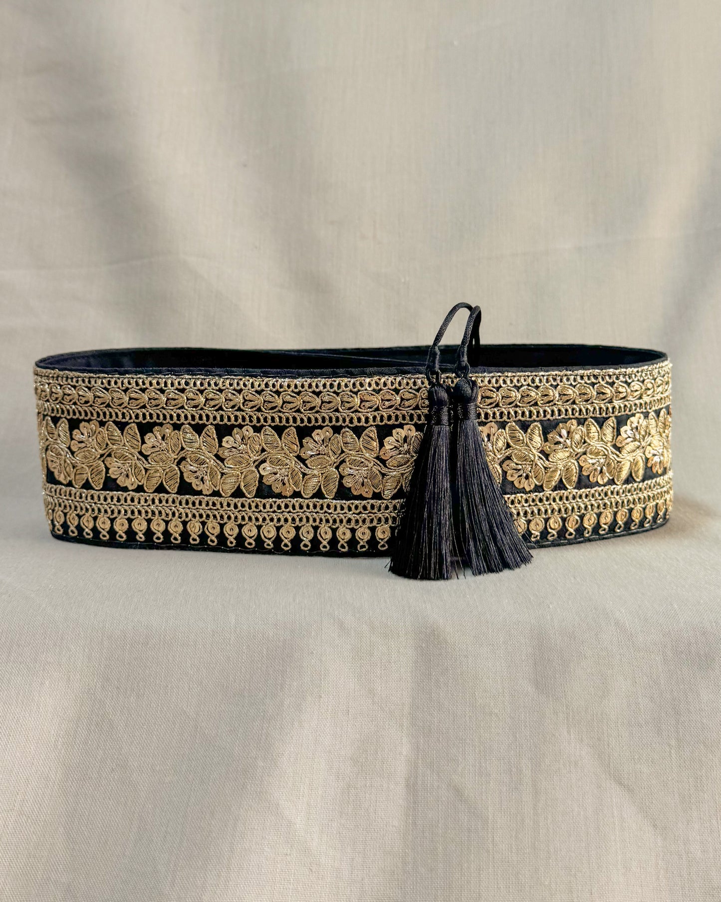 Black bohemian embroidered obi belt with tassels