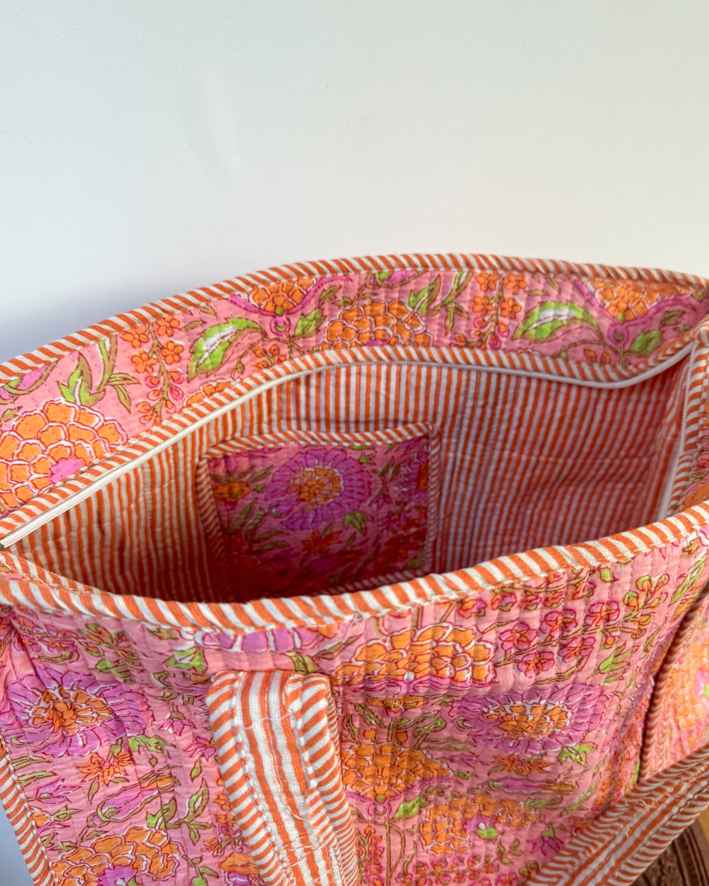 Pink and orange l Big tote bag in quilted cotton