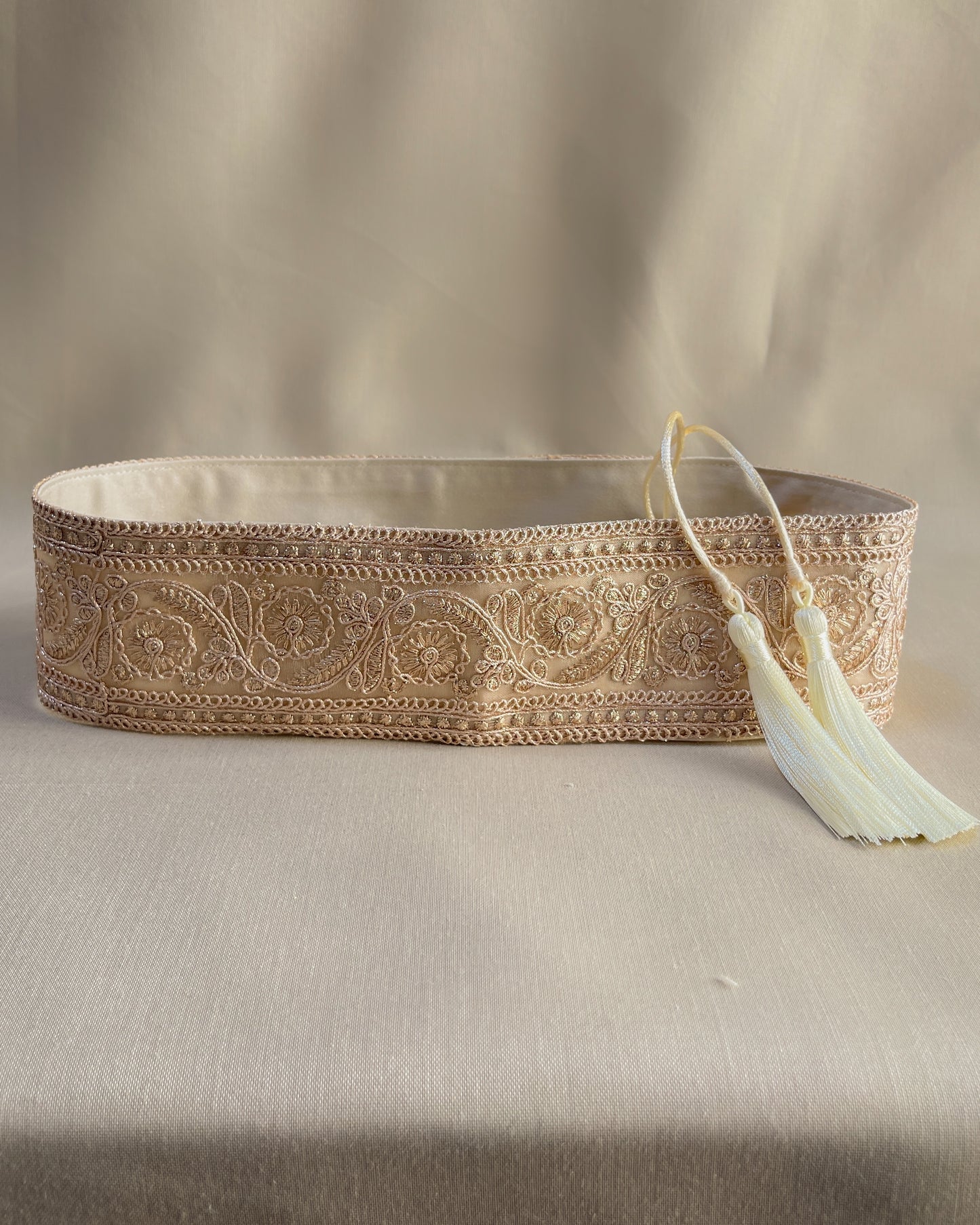 Golden bohemian embroidered obi belt with tassels