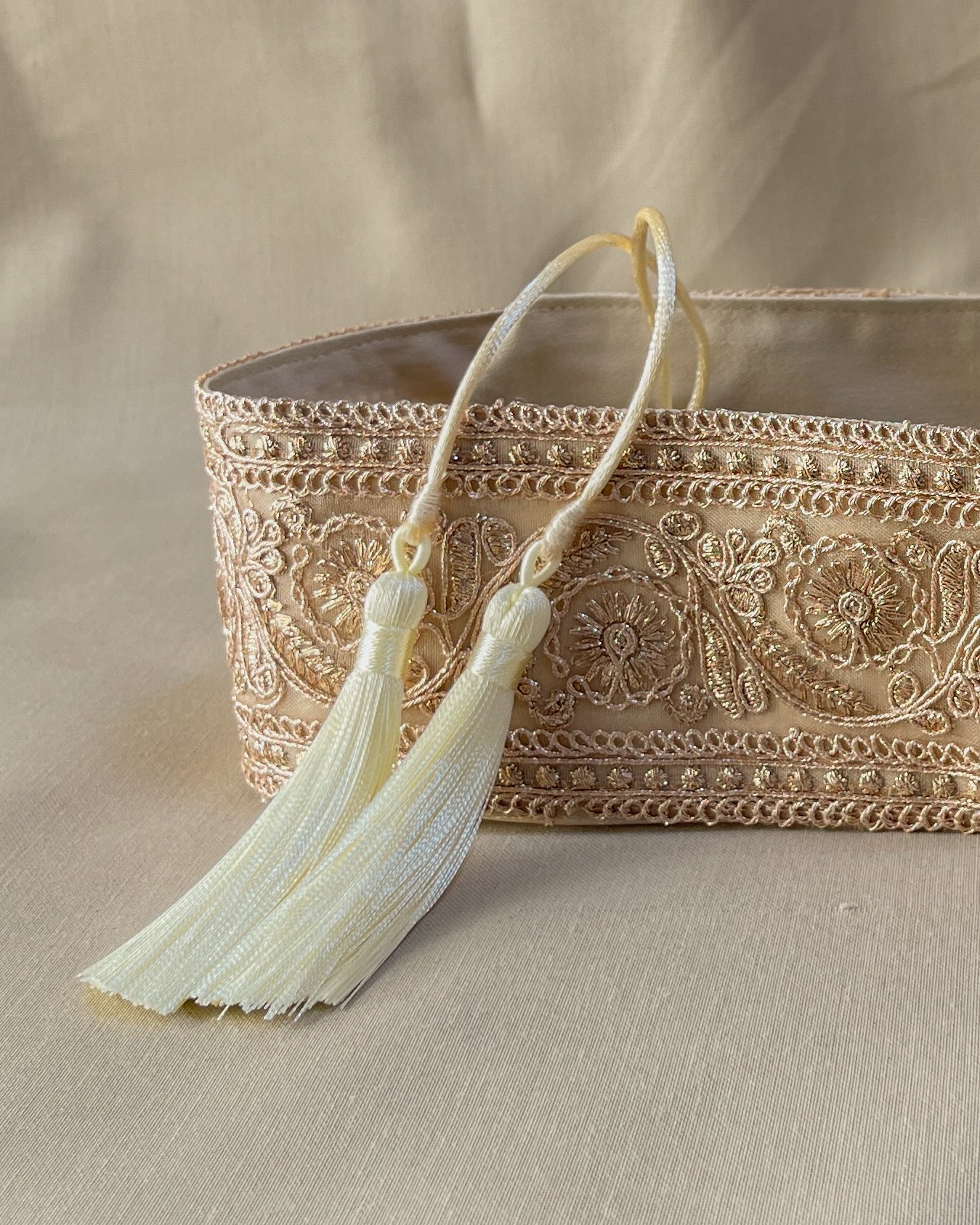 Golden bohemian embroidered obi belt with tassels