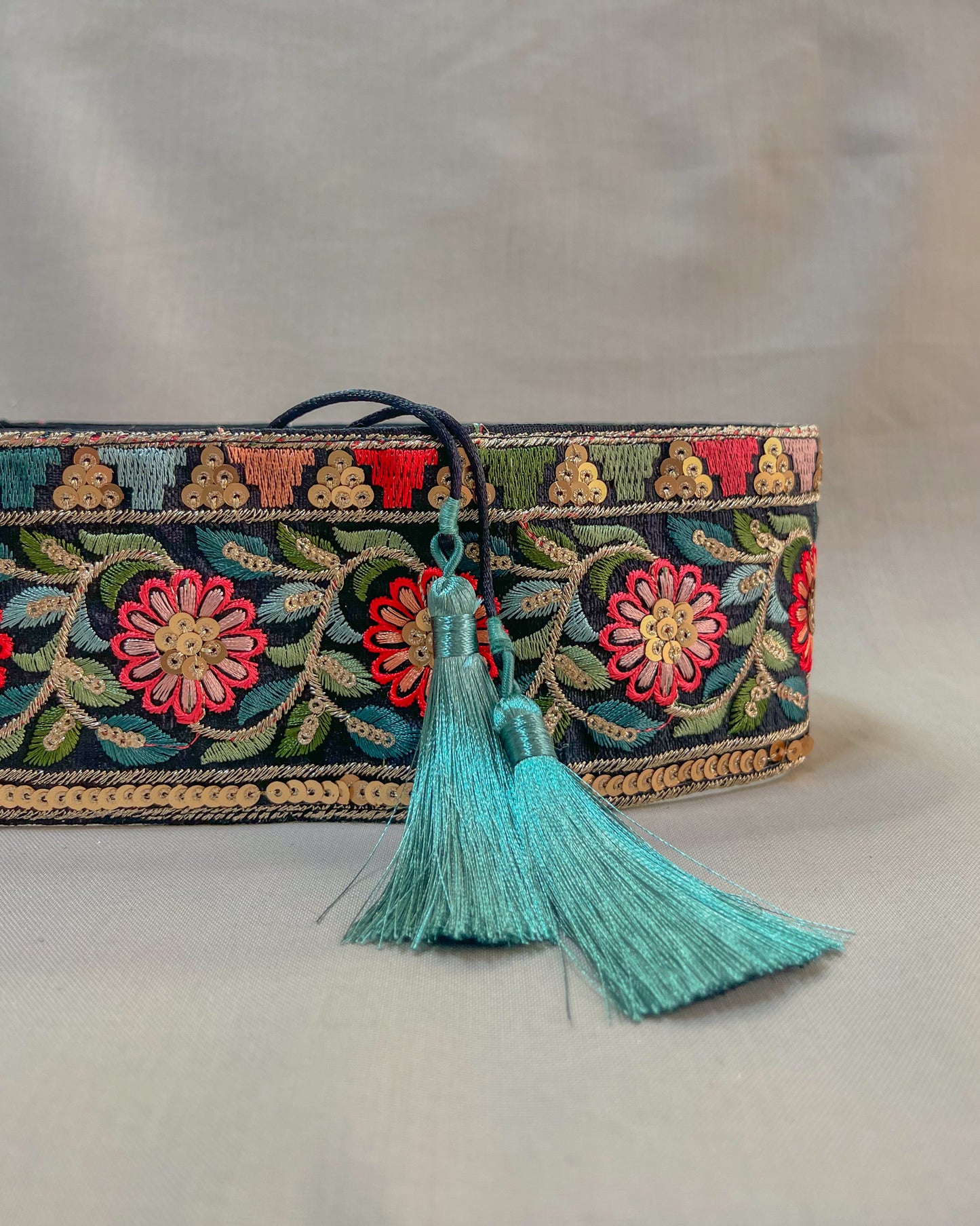 Black bohemian embroidered obi belt with tassels