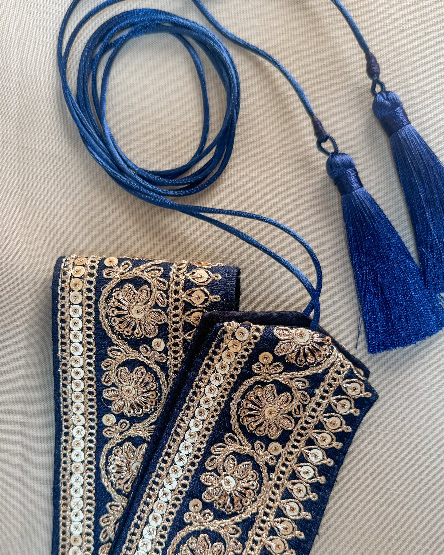 Dark blue bohemian embroidered obi belt with tassels