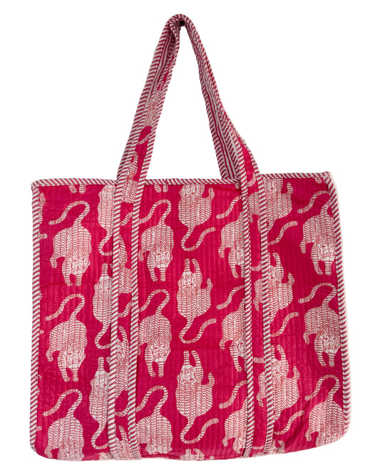 Pink tigers l Big tote bag in quilted cotton