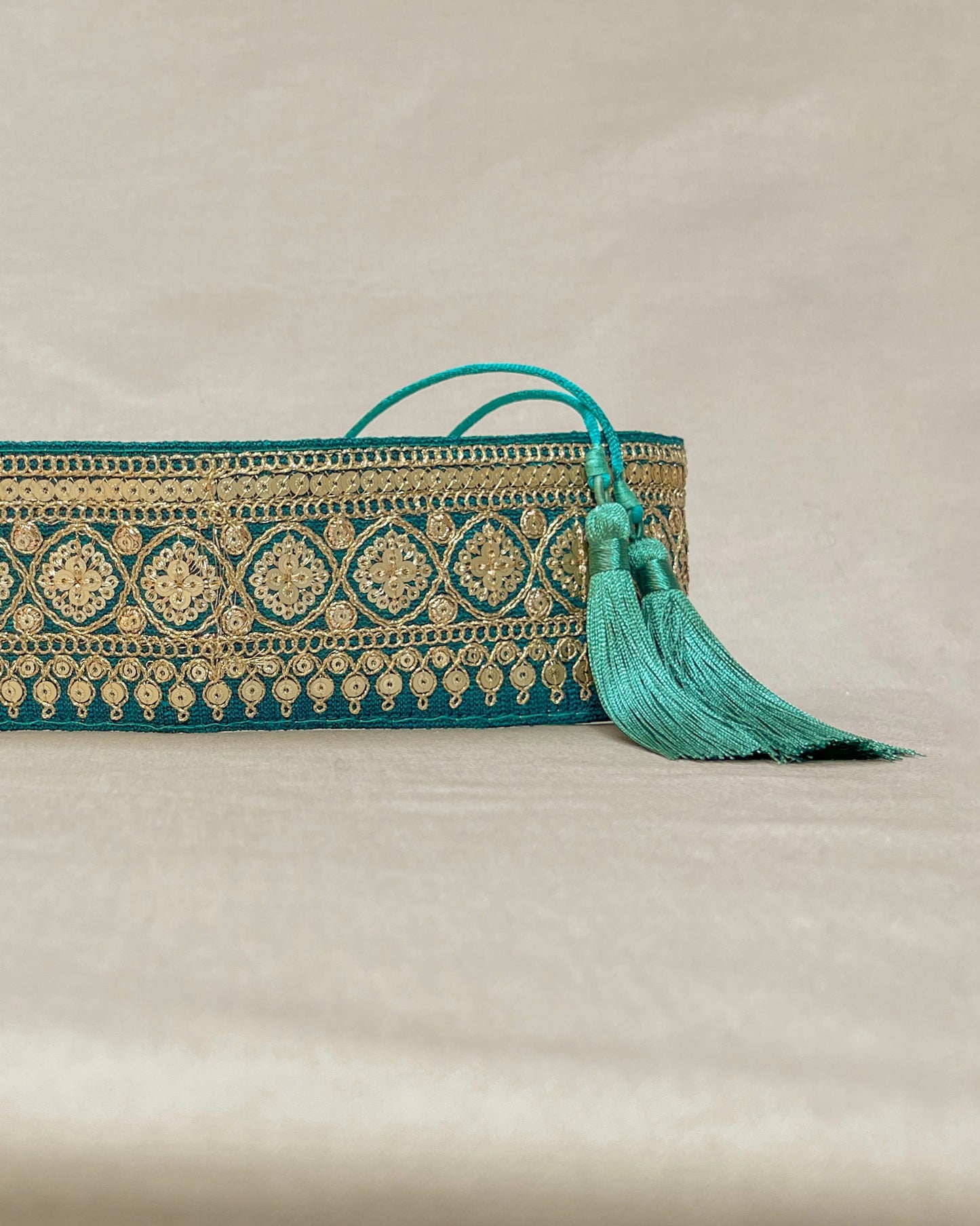 Green bohemian embroidered obi belt with tassels