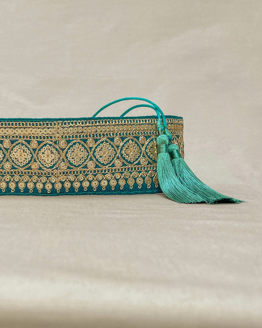 Green bohemian embroidered obi belt with tassels