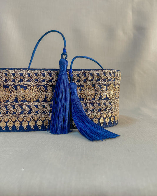 Blue bohemian embroidered obi belt with tassels